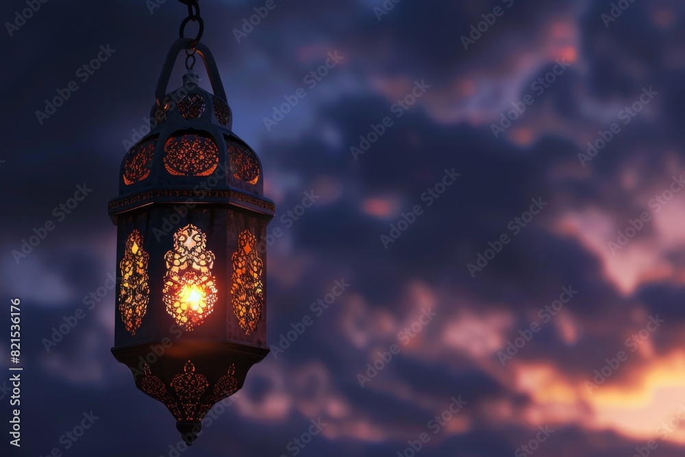 The Muslim feast of the holy month of Ramadan Kareem. Beautiful background with a shining lantern Fanus. Free space for your text.