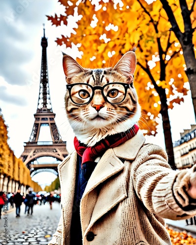 cat taking selfie of Eiffel tower 