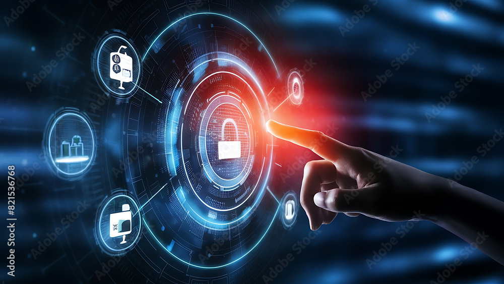 Digital technology, internet network connection concept. Finger touching on virtual screen with futuristic technology background, data exchange Digital technology, internet network connection concept. Finger touching on virtual screen with futuristic technology background, data exchange