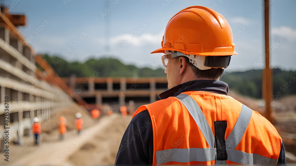 Engineer from behind on a construction site, right side of the image, wearing an orange vest, safety helmet, observing a large construction project Engineer from behind on a construction site, right side of the image, wearing an orange vest, safety helmet, observing a large construction project