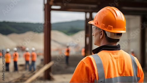 Engineer from behind on a construction site, right side of the image, wearing an orange vest, safety helmet, observing a large construction project