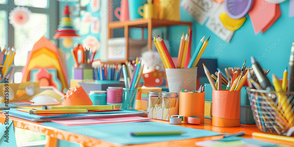 DIY Paper Craft Desk: A desk filled with colorful paper crafts and craft supplies, hinting at a creative hobby or potential side business DIY Paper Craft Desk: A desk filled with colorful paper crafts and craft supplies, hinting at a creative hobby or potential side business