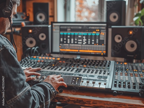 A man is working on a computer with a cell phone in front of him. He is wearing headphones and he is focused on his work. The room is equipped with a large sound system  including two speakers