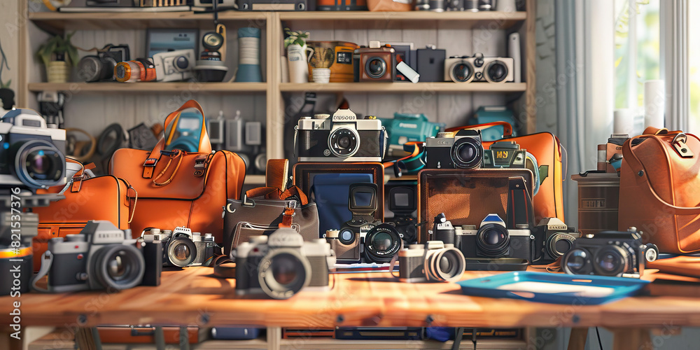 Vintage Camera Desk: A Desk Adorned with Classic Film Cameras