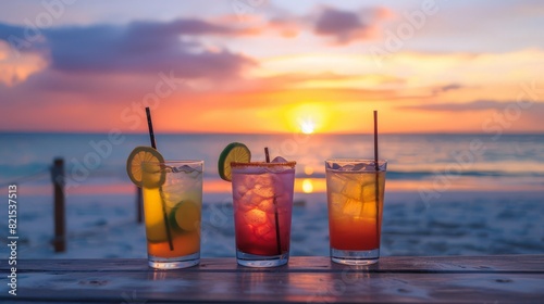 As day turns to dusk  cocktails on the beach take on a magical quality  their shimmering colors reflecting the fading light of the horizon  creating a moment of serenity and enchantment 