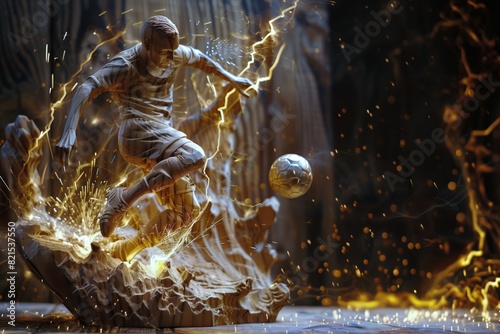 Soccer player in action carved in wood.