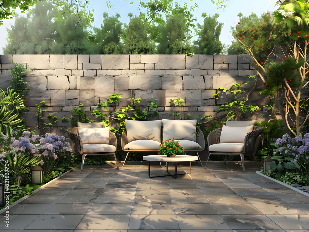 Obraz premium Cozy patio area with garden furniture, perfect for relaxation and outdoor living.