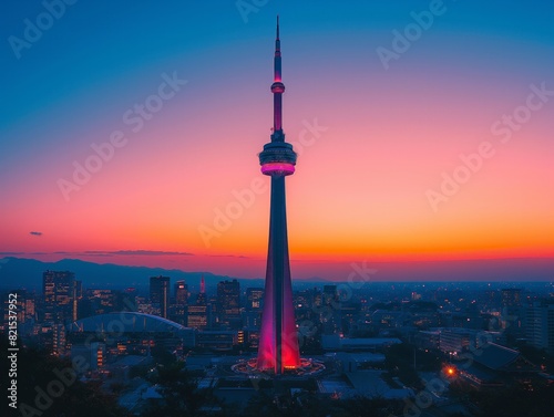 A tall building with a bright light on top stands in front of a beautiful sunset. The light on top of the building is glowing in the sky  creating a warm and inviting atmosphere