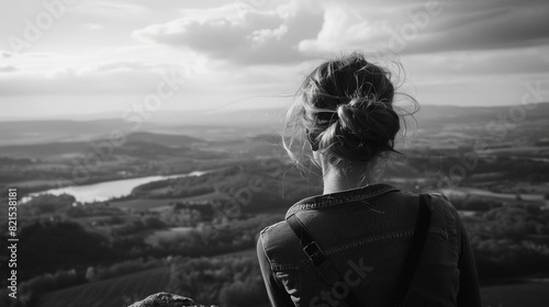As she descends, the woman's gaze is fixed upon the horizon, her eyes filled with a sense of quiet contemplation and reverence for the natural world that stretches out before her. photo
