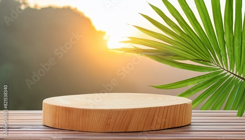 Minimal natural wood podium with green palm leaf with sunlight background. Minimal wooden stand for branding and packaging presentation