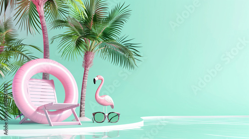 3D render of a summer travel scene with an inflatable ring, folding chair, sunglasses, palm trees, and a flamingo against a tropical blue background with space for copy.
