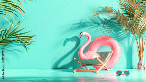 3D render of a summer travel scene with an inflatable ring, folding chair, sunglasses, palm trees, and a flamingo against a tropical blue background with space for copy.
