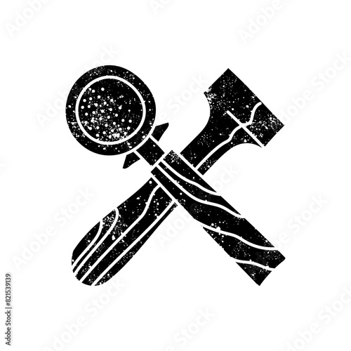 Coffee tamper and portafilter black hand drawn icon in grunge look