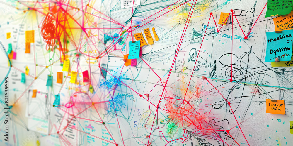The Infinite Sea of Imagination: A whiteboard covered in doodles, sticky notes, and a colorful string map The Infinite Sea of Imagination: A whiteboard covered in doodles, sticky notes, and a colorful string map