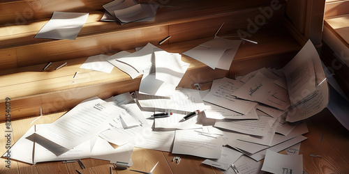 The Escherian Staircase of Confusion: A mess of papers, scattered on the floor, with a pen nib stuck in one of them photo