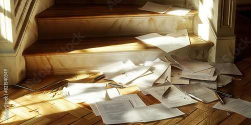 Organized Chaos: A Dizzying Array of Papers Tumble Down Stairs, Accentuated by a Lone Inkling of Directionality photo