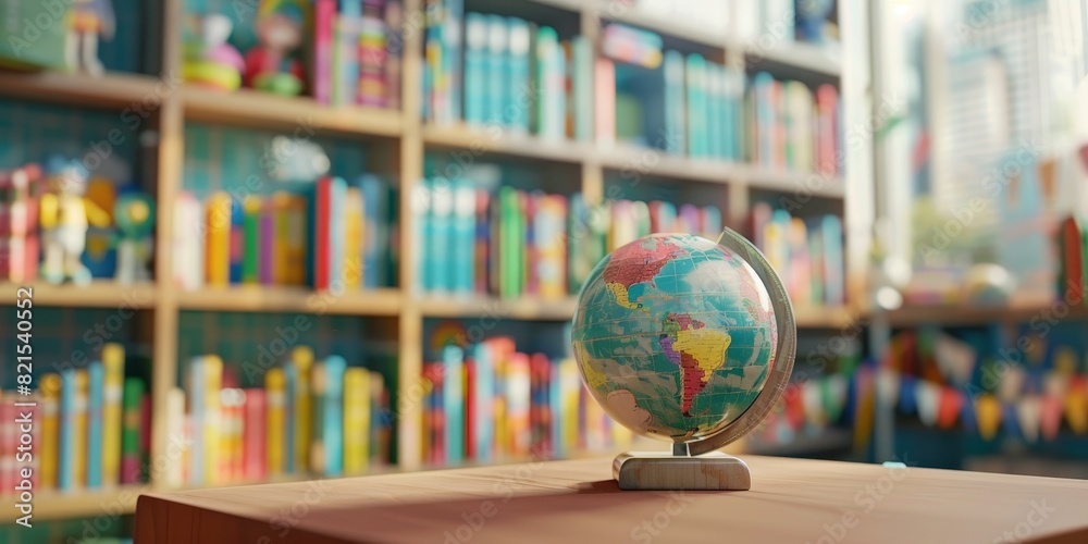 A library with a globe on a wooden table.
