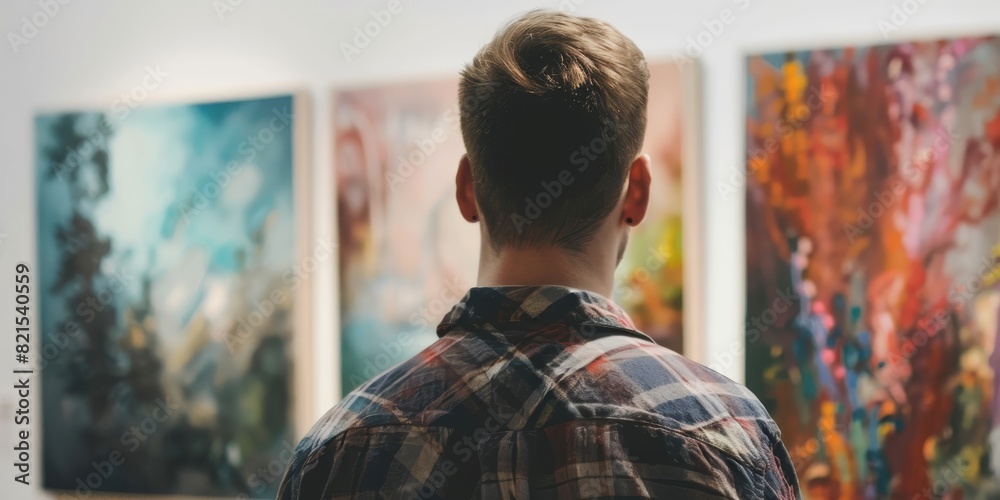 A man looking at abstract paintings in an art gallery. A man looking at abstract paintings in an art gallery.