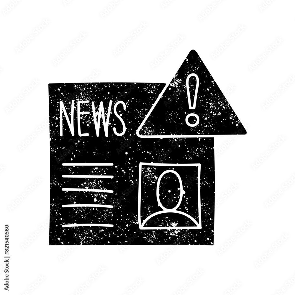 Fake news icon news paper with warning sign black hand drawn icon in grunge look Fake news icon news paper with warning sign black hand drawn icon in grunge look