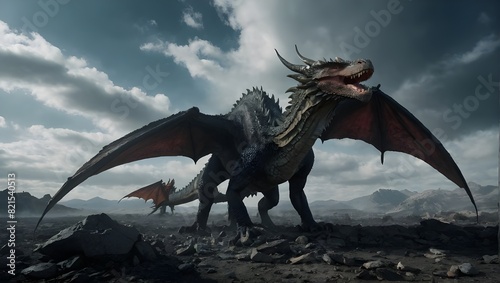 A massive dragon standing on a rocky field with its wings extended. Generative AI © Mohammed