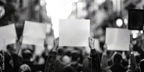 A group of people at a protest are holding up blank signs. photo