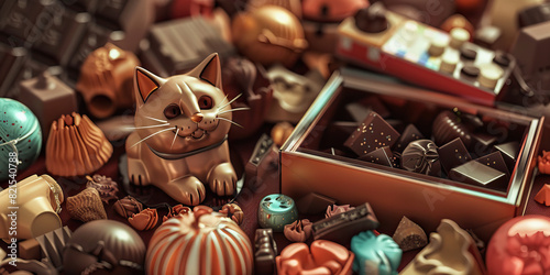 The Fractal Garden of Distractions: A chaotic arrangement of knick-knacks, a paperweight shaped like a cat, and a half-empty box of chocolates photo