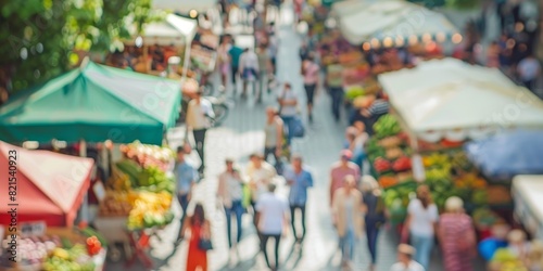 Crowded food market with people shopping for fresh produce, meat, fish, and other goods