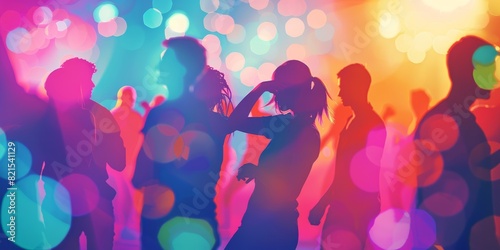 People dancing at a party or club with colorful lights. photo