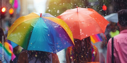 People holding rainbow colored umbrellas in the rain © Kamonwan
