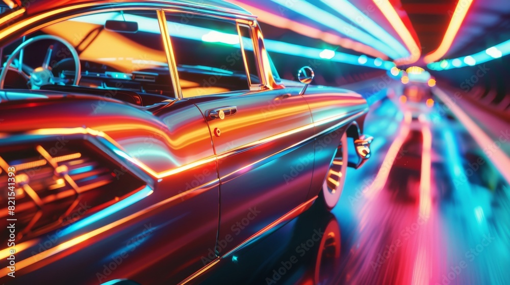 Futuristic Classic Car on Neon-Lit Highway Bokeh Effect.