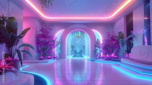 futuristic neon interior  glowing plants and arches  3d cartoon