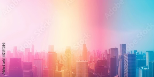 The photo shows a cityscape in a soft focus with a pastel colored gradient.