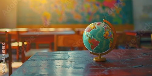 The photo shows a classroom with a globe on the table.