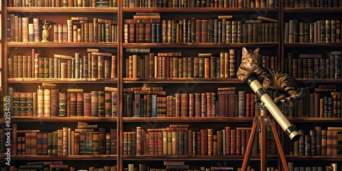 The Kaleidoscopic Vault of Knowledge: A wall covered in bookshelves, with a vintage telescope and a curious feline perched on top photo
