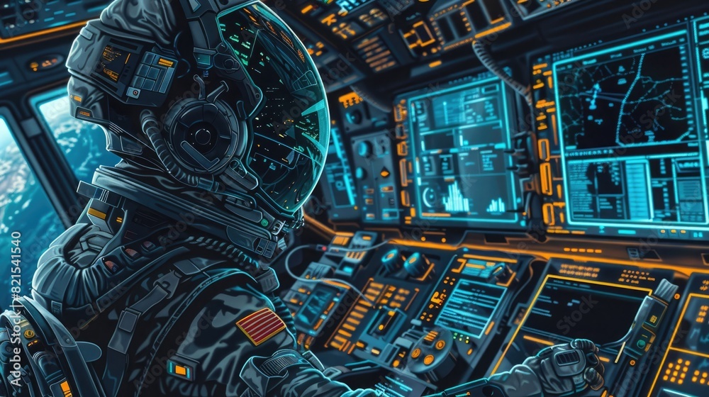 Futuristic robot pilot in a space suit with a helmet inside of a spaceship interior full of computer screens and data,