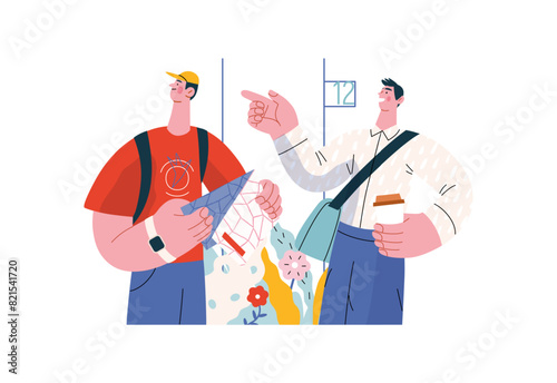 Mutual Support: Directing a passerby -modern flat vector concept illustration of man pointing the way to a tourist. A metaphor of voluntary, collaborative exchanges of resource, services
