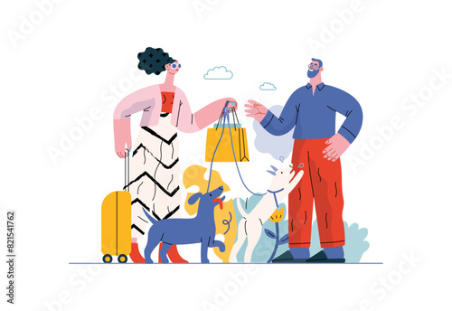 Mutual Support: Pet-sitting -modern flat vector concept illustration of a woman going on vacation leaving her dogs with neighbor. A metaphor of voluntary, collaborative exchanges of resource, services