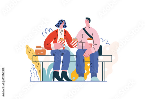 Mutual Support: Share food -modern flat vector concept illustration of woman offering half of her lunch to colleague in the park. A metaphor of voluntary, collaborative exchanges of resource, services