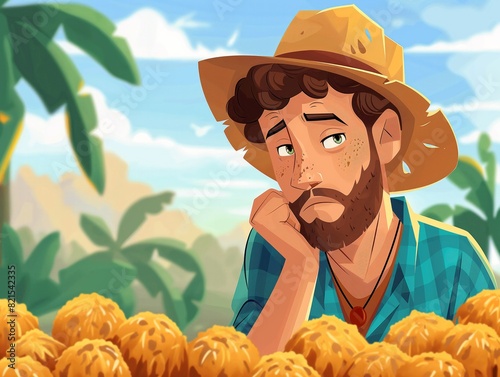 A man in a straw hat is looking at a bunch of oranges. He is sad or disappointed photo