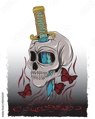 vector skull impaled by a dagger on a butterfly perch