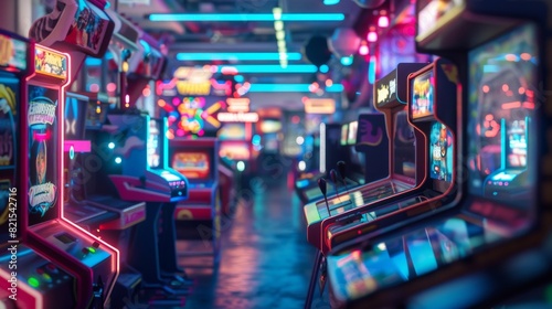 Futuristic Holographic Arcade with VR Games Tilt-Shift Photography.