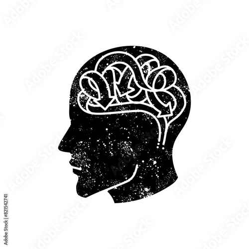 Mental health human brain black hand drawn icon in grunge look