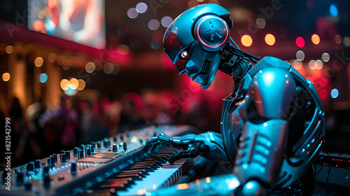 Robot Playing Synthesizer in recording studio, representing ai music 