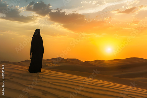 Arabian woman in the desert at sunset  embodying the spirit of adventure and independence. Perfect for travel concepts and cultural diversity.