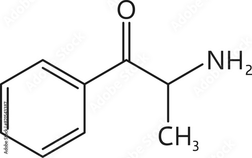 Synthetic drug structure, Cathinone molecule formula. Drug atomic composition, addictive narcotic substance biochemical model or synthetic Cathinone molecular structure vector scheme