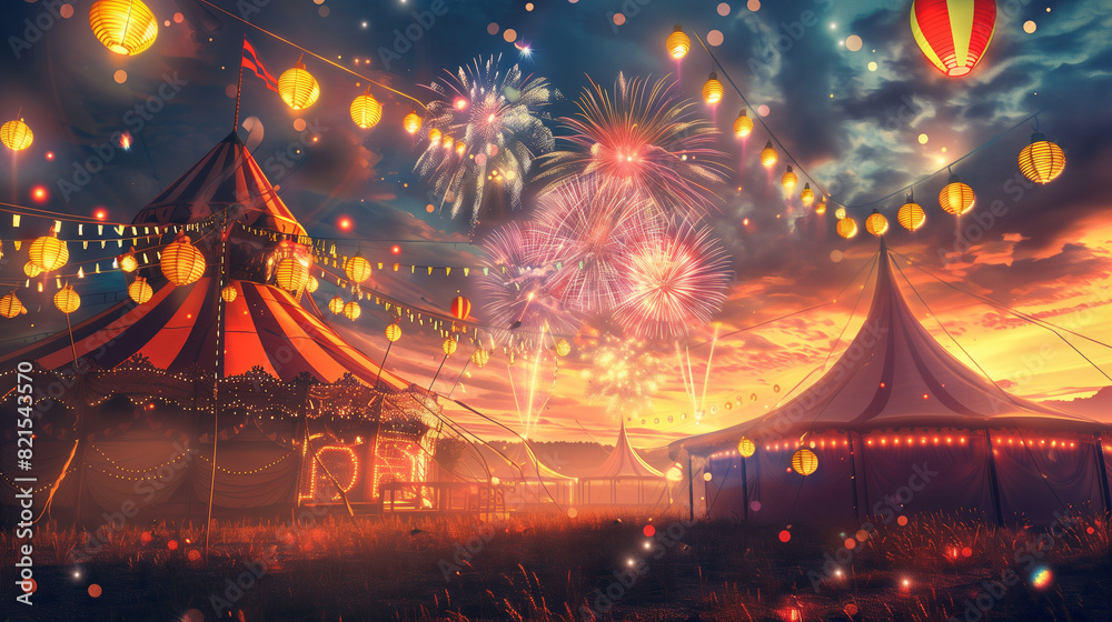 3D render of a summer festival scene with a bustling festival tent, colorful banners and flags, food stalls, and cheerful balloons against a bright daytime sky with scattered clouds and space for copy 3D render of a summer festival scene with a bustling festival tent, colorful banners and flags, food stalls, and cheerful balloons against a bright daytime sky with scattered clouds and space for copy
