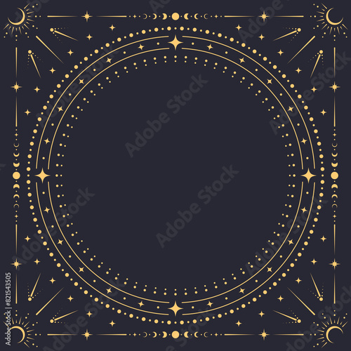 Square celestial frame. Vector ornate background with concentric golden circle border adorned with stars, moons, suns and dotted boho patterns. Ethereal, cosmic, astrology and esoteric space frame