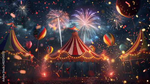 3D render of a summer festival scene with colorful fireworks, festival tent, balloons, and confetti against a night sky background with space for copy. 