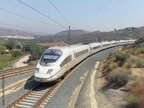 A train is traveling down a track with a view of the countryside. The train is long and sleek, and it is moving quickly. The landscape around the train is mostly barren