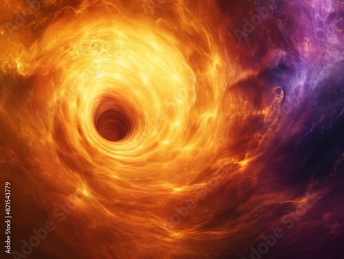 A large orange hole in the sky with a purple and orange swirl around it. The swirls are very bright and the hole is very deep